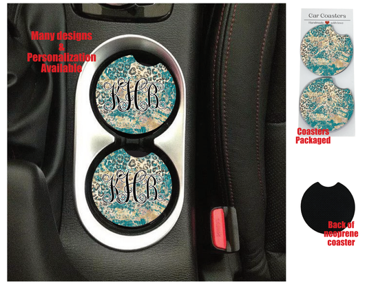 Absorbent Car Coasters Leopard print Neoprene, Set of 2, Non-Slip Base