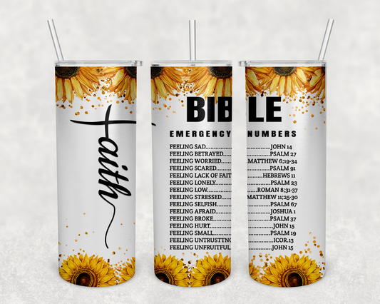 20 oz. Skinny Tumbler Bible Emergency numbers with sunflowers